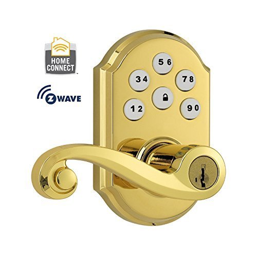 Kwikset 912 SmartCode Electronic w/Lido Lever featuring SmartKey and Z-Wave in Lifetime Polished Brass by Kwikset