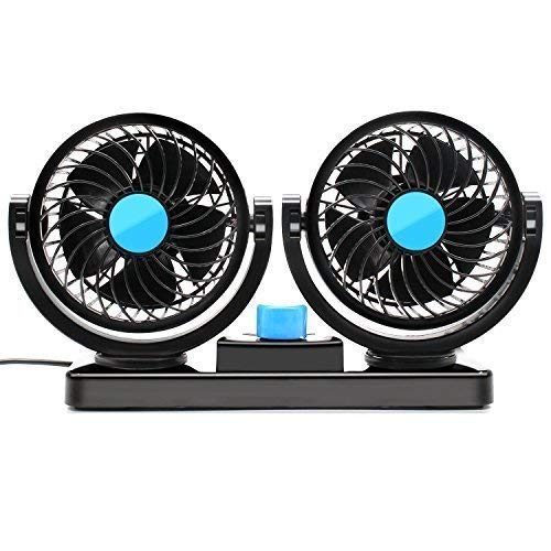 Dual Heads Car fan 12V Vehicle Fans by Warrior - 360 Degree Rotation 2 Speed Adjustable Strong Wind - Ventilation Dashboard Electric Fans - Quickly Blow Away Hot Air Smoke Smell Bad Odors (Car fan)